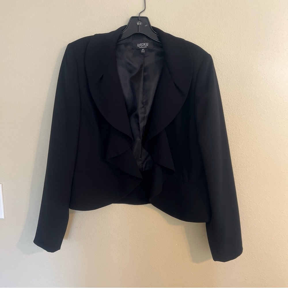 Kasper Blazer Women 16 Black Ruffle Front Cropped Open Jacket 10145801